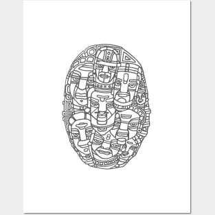 Faces and Expressions Pen and Ink Drawing Composition of Simplistic Tribal Faces Posters and Art